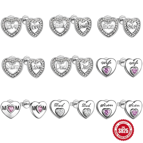 Heart Stud Earrings 925 Sterling Silver With AAAAA Zirconia Letter Mom Family Sister Wife For Women Jewelry Gift