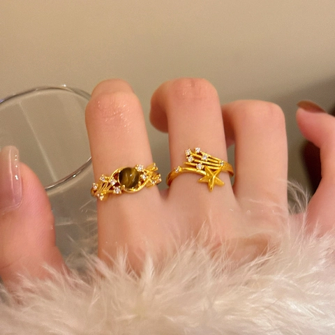 Δαχτυλίδι Star Meteor Και Vintage Brown Tiger Eye Stone Ring 18K Gold Plated Copper Με Ζιργκόν Για Γυναίκες