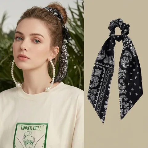 Paisley Pattern Scrunchie With Long Ribbons Bandana Print Fabric Hair Tie Vintage French Style For Women