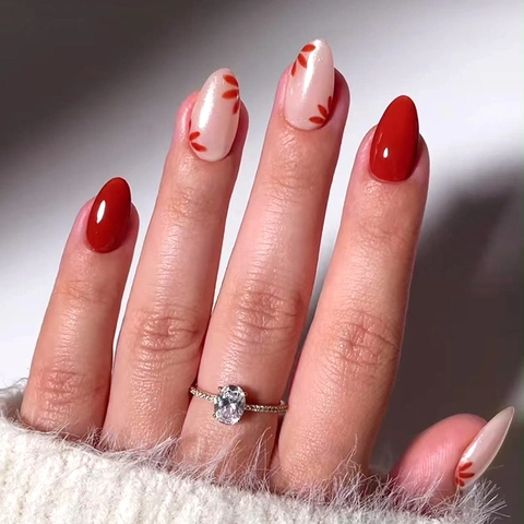 Unghie Finte A Pressione Fiori Rossi Mandorla Lucide Plastica ABS Stile Dolce Elegante Per Donne Uso Quotidiano Rimovibili