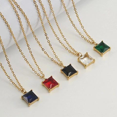 Square Zircon Pendant Necklace 18K Gold Plated Stainless Steel Minimalist Geometric Clavicle Chain Jewelry For Women