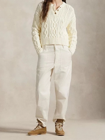 Suéter De Punto Trenzado Vintage Blanco Roto Poliéster Cuello Henley En V Botones Manga Larga Casual Mujer