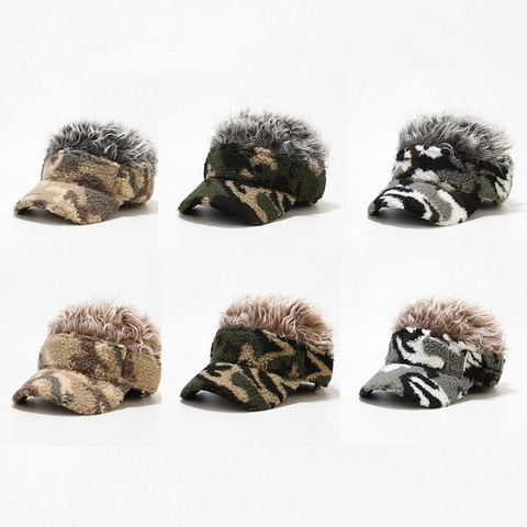 Cappello Da Baseball Camouflage Con Parrucca Capelli Sintetici Novità Divertente Cappello Caldo In Pile Per Uomo Donna Regolabile
