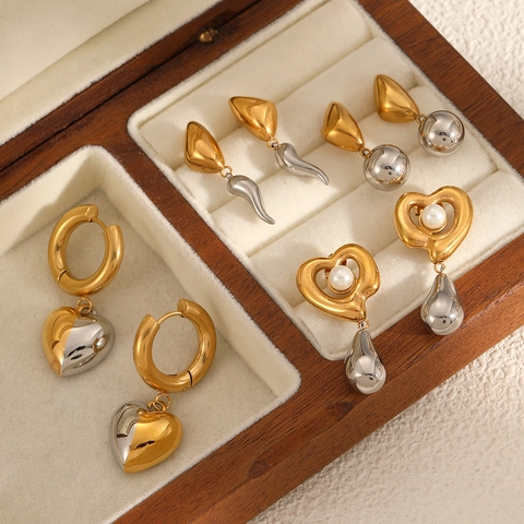 Orecchini A Cuore Geometrico In Acciaio Inossidabile Placcato Oro 18K Argento Bicolore Gioielli Di Moda Per Donna