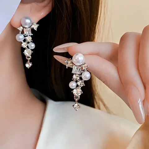 Eleganti Orecchini Pendenti Con Nappa A Foglia Per Donna Con Perno In Argento Rame Strass Intarsiato Perla Artificial Finta Gioielli