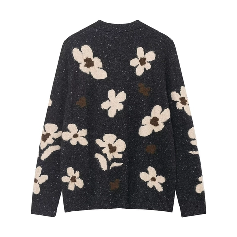 Women Floral Jacquard Knit Cardigan Sweater V Neck Loose Fit Long Sleeve Button Up Casual Outerwear