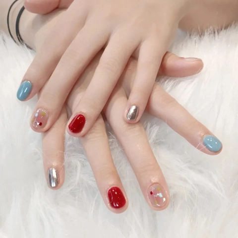 Short Press On Nails Colorful Dot False Nails Glossy Red Blue Silver Square Round Full Cover Daily Wear Artificial For Women