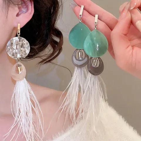 Long Feather Tassel Earrings With Silver Earring Post Resin Geometric Round Bohemian Style Ethnic Jewelry For Women
