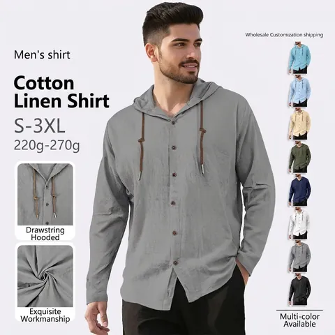 Herren Kapuzenhemd Baumwolle Leinen Langarm Kordelzug Button Down Einfarbig Lässig Strand Urlaub Top