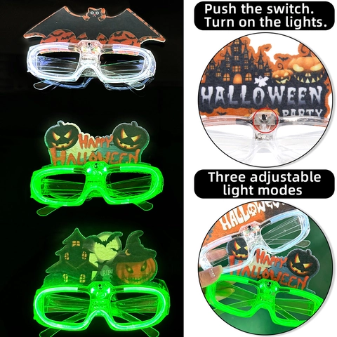 Gafas LED Brillantes para Halloween Patrón de Calabaza Fantasma Murciélago Marco de Gafas de Fiesta de Plástico y Fieltro para Niños y Adultos