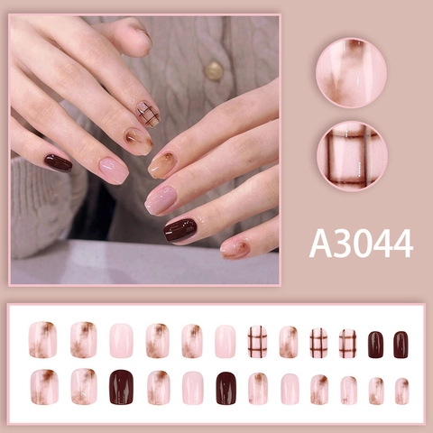 Short Square Press On Nails Japanese Style Pink Brown Marble Smudge Grid Pattern Glossy False Nails For Women