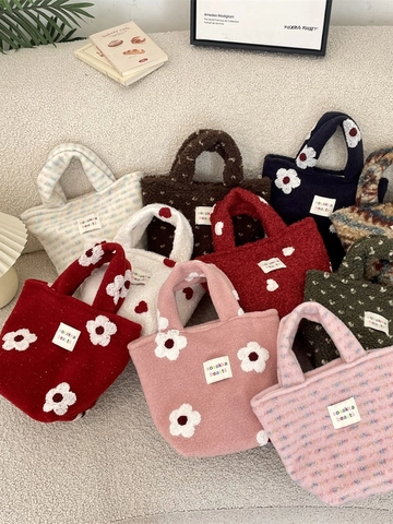 Borsa Tote In Peluche Ricamo Margherita Piccola Borsa A Mano Casual Donne Shopping Pendolare Pile Conservazione Morbida Zip