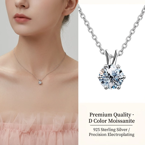Moissanite Necklace Round Brilliant Cut Six Prong 925 Sterling Silver Pendant Elegant Jewelry For Women