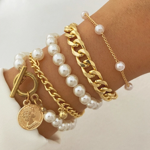 Vintage Mehrlagige Legierung Armbänder Für Damen Mit Künstliche Perlenimitat Strass Schmetterling Münze Herz Anhänger Boho Schmuck