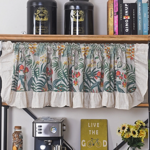 Nordic Polyester Cotton Kitchen Short Curtain Floral Leaf Print Ruffle Tassel Valance For Cafe Cabinet Home Window Decor