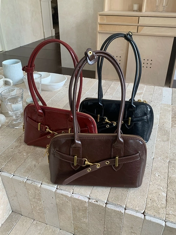Sac Sous Le Bras En Cuir PU Vintage Pour Femmes Sac À Main Brillant Avec Décoration De Boucle De Ceinture Élégant Sac À Bandoulière