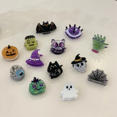 Mini Pinzas Para El Cabello De Halloween Acrílico Acetato Patrones De Fantasma Calabaza Murciélago Brillo Accesorios De Fiesta