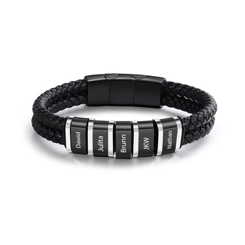 Men Personalized Double Layer Braided Artificial Leather Bracelet With Magnetic Stainless Steel Clasp Black Engraved Name Metal Beads Minimalist Fashion Jewelry
