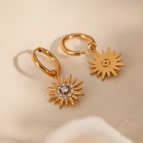 Sun Drop Hoop Earrings Stainless Steel Zircon Celestial Double Sided PVD Gold Plated Waterproof Hypoallergenic Fashion Women