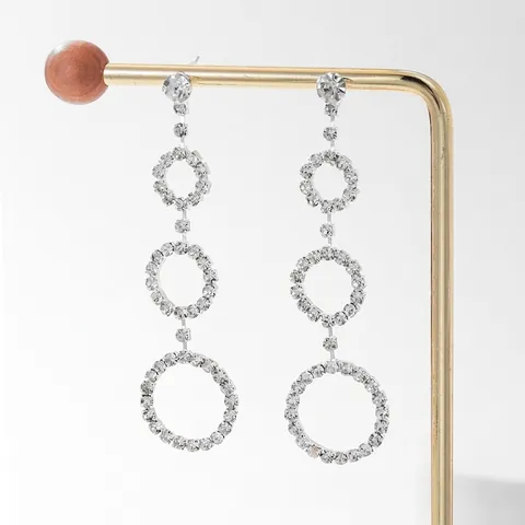 Triple Graduated Circle Drop Earrings Copper With Sparkling Clear Rhinestones Elegant Linked Round Dangle Jewelry For Women