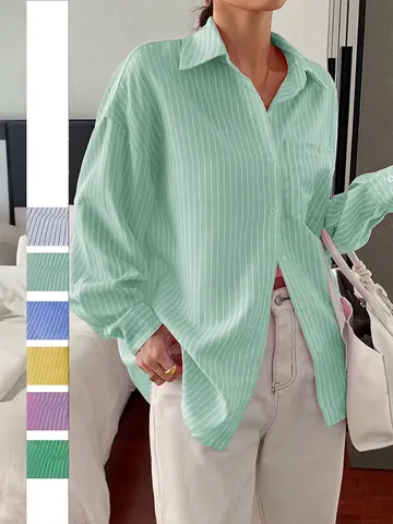 Chemise À Rayures Pour Femmes Manches Longues Coupe Décontractée Chemisier À Boutons Avec Poche Polyester Col Rabattu Minimaliste