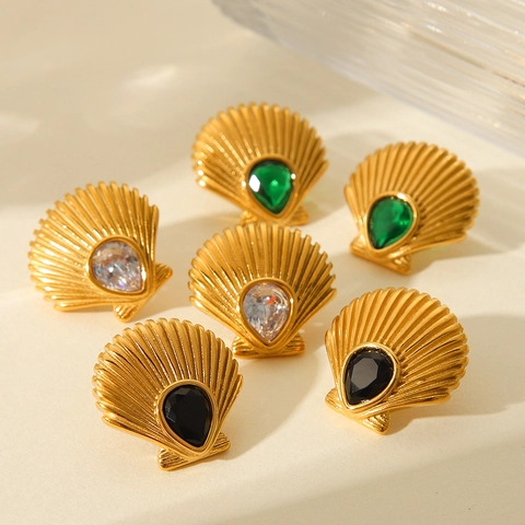 Schelp Oorknopjes Verguld Roestvrij Staal Met Waterdruppel Zirconia Dames Oceaan Stijl Waterdichte Sieraden