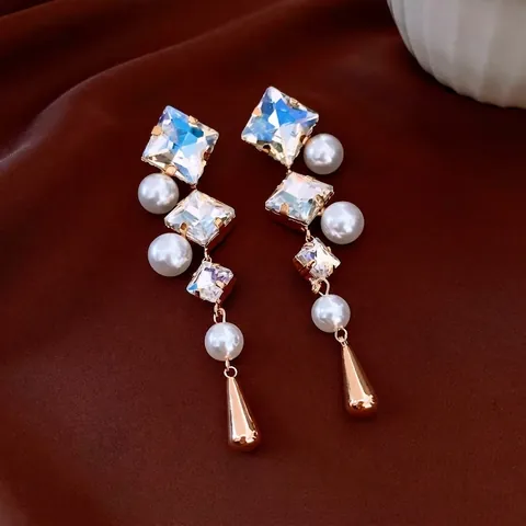 Orecchini Pendenti Lunghi Geometrici Vintage Con Perno In Argento Sterling 925 Lega Cristallo E Künstliche Perle Sintetiche