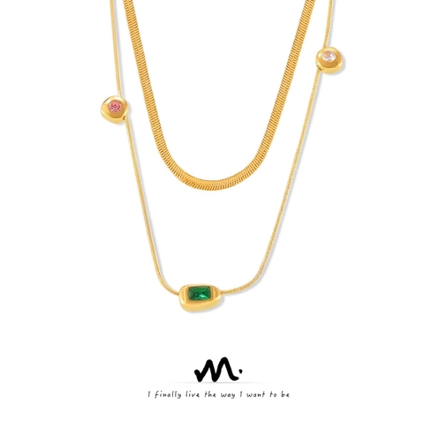 Collana con Ciondolo in Pietra di Vetro a Tre Toni in Acciaio al Titanio Placcato Oro Retrò per Donna Elegante Gioielli