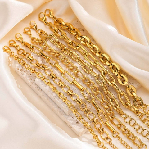 Minimalist Stainless Steel Embossed Oval Link Bracelet Gold Plated Thick Chain Adjustable Handmade Jewelry For Women Men