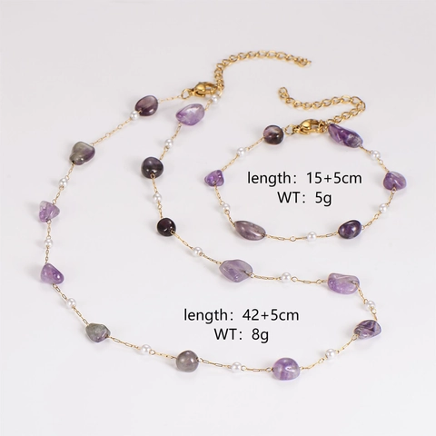 Women Jewelry Set 18K Gold Plated 304 Stainless Steel Irregular Amethyst Gravel White Faux Artificial Pearl Necklace And Bracelet