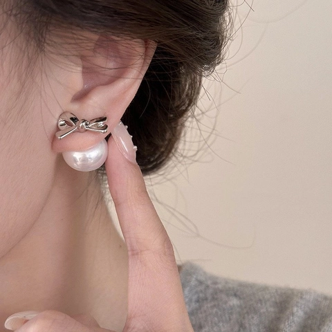 Eleganti Orecchini A Perno Con Fiocco E Perla Artificial Con Perno In Argento Stile Vintage Francese Gioielli In Lega Per Donna
