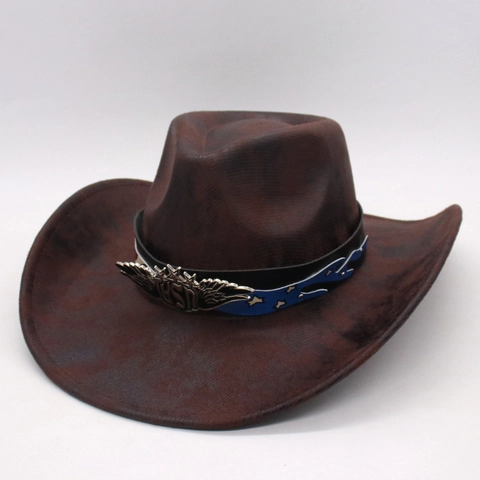 Western Cowboy Hat Polyester Tie Dye American Retro Metal Badge Wide Brim Sun Protection For Women Men