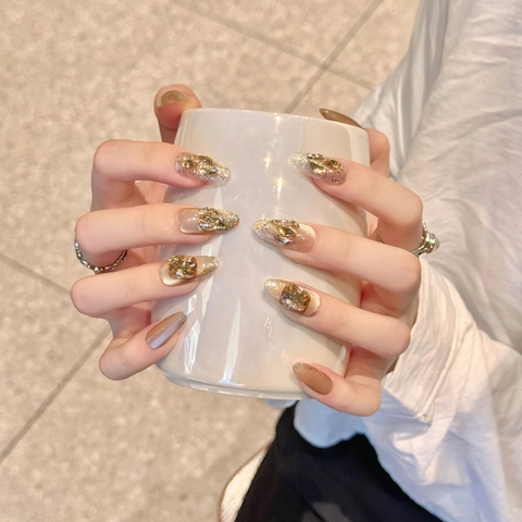 Unghie Finte Press On Fatte A Mano Champagne Occhio Di Gatto Strass Cristallo Lusso Elegante Forma Mandorla Per Donna