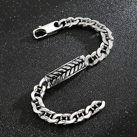 Herren Armband Edelstahl Vintage Silber Weizenähre Textur Punk Gothic Hohlblumen Kette Schmuck