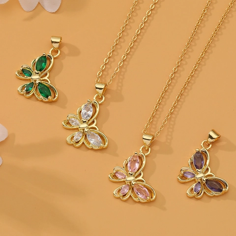 Butterfly Pendant Necklace Gold Plated Copper Colorful Zircon Inlaid Trendy Jewelry For Women Fashion Accessories