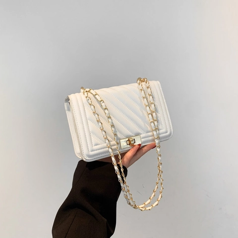 Quilted Shoulder Bag PU Leather V Chevron Pattern Chain Strap Metal Lock Elegant Minimalist Crossbody Bag For Women