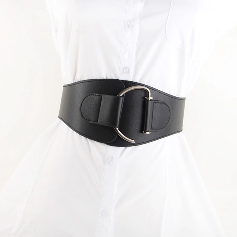 Women's Fashion Wide Waist Cincher Belt Minimalist Artificial Leather Elastic Corset Belt With Silver Metal Buckle For Dresses