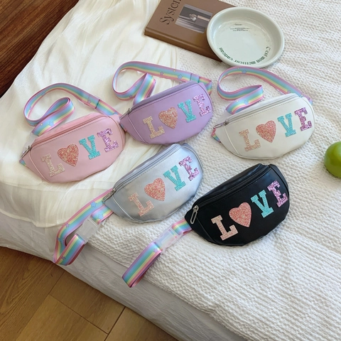 Kids Waist Bag PU Leather LOVE Sequined Patch Chest Pack Rainbow Adjustable Strap Children Fashion Travel Crossbody