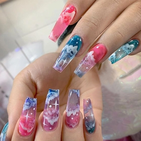 Press On Nails Sarg Ballerina Lange Quadratische Künstliche Nägel Marmor Goldfolie 3D Relief Glitzer Maniküre Modische Handdeko Für Frauen