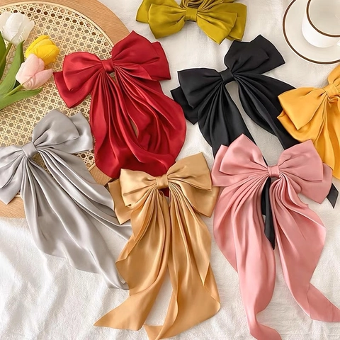 Satin Large Bow Hair Clip With Long Streamers Double Layer French Style Elegant Hairpins Women Hair Accessories