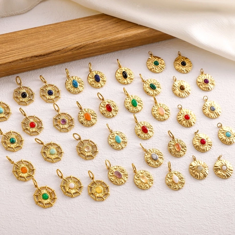 Pendenti Tondi Vintage Acciaio Inossidabile Intarsio Pietre Dure Forniture Fabbricazione Gioielli DIY Stile Boho Ciondoli Placcati Oro