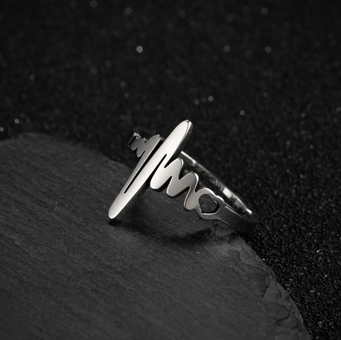Heartbeat EKG Heart Open Ring Stainless Steel Adjustable Minimalist Fashion Jewelry For Women