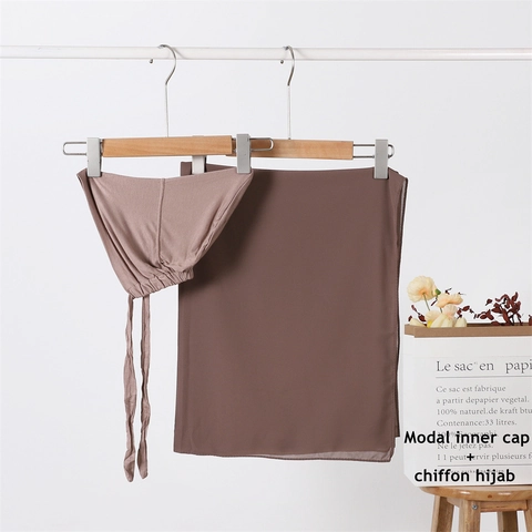 Muslim Hijab Modal Inner Cap And Chiffon Scarf Solid Color Tie Back Breathable Lightweight Head Cover For Women