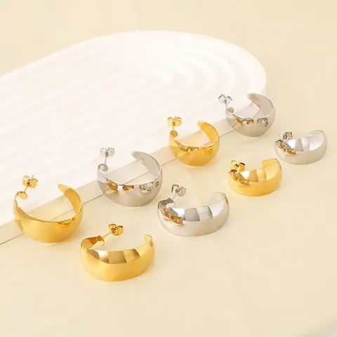 Stainless Steel C-Shaped Hoop Earrings Polished Minimalist Thick Geometric Jewelry For Women