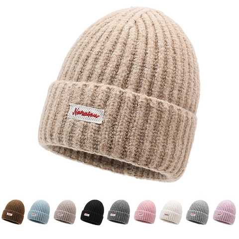 Winter Ribbed Knit Beanie Hat For Women Men Thick Warm Cotton Polyester Blend Cuffed Cap With Embroidered Patch Casual