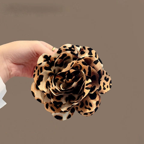 Molletta Per Capelli Con Fiore In Tessuto Leopardato Grande Fermaglio In Acrilico Vintage Per Donna