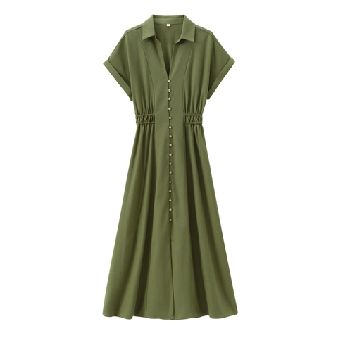 Vestido Largo Tipo Camisa Mujer Manga Corta Cuello V Botones Cintura Elástica Color Sólido Casual Elegante Textura Lino