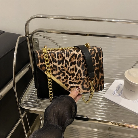 Luipaardprint Ketting Crossbody Tas Kleine Vierkante Flap PU Leer Mode Schoudertas Voor Dames