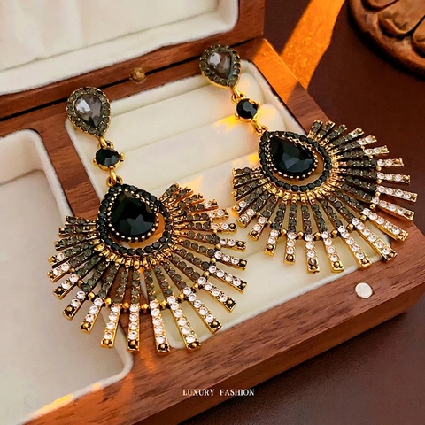 Orecchini Pendenti In Lega Con Strass E Silver Earring Post Retro Vintage A Forma Di Ventaglio Goccia Barocco Per Donna