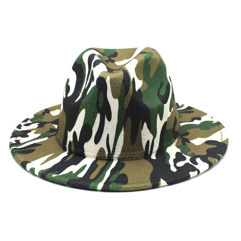Cappello Fedora Stampa Camouflage Feltro Di Lana Tesa Larga Stile Western Vintage Jazz Per Uomo Donna Unisex Accessorio